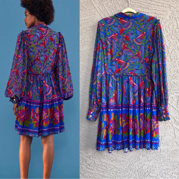 FARM RIO Blue & Red Tropical Floral Macaw Flight Ruffle Long Sleeve Shirtdress L - Picture 7 of 13